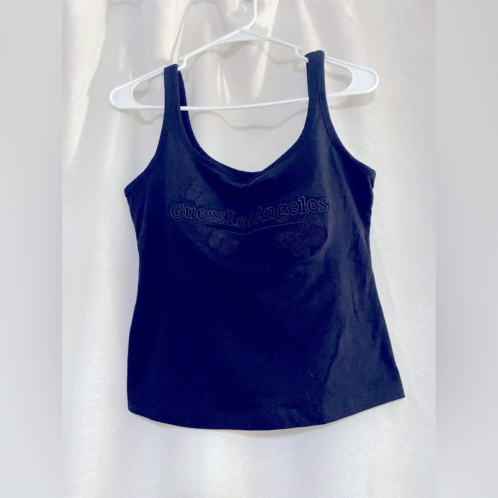 NWT Guess women Black logo Tank Top Squared Neck Sz M